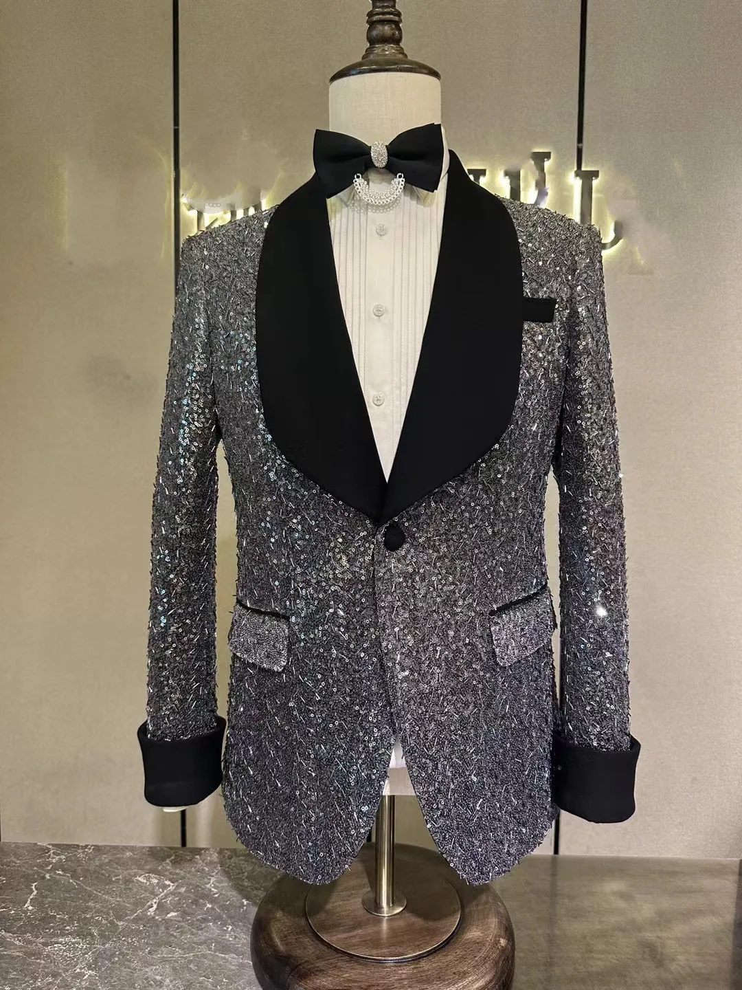 Custom Latest Design Shiny Black Wedding Suits Mens Sequin Formal  high-grade Blazer Party perform Fashion model runway clothing