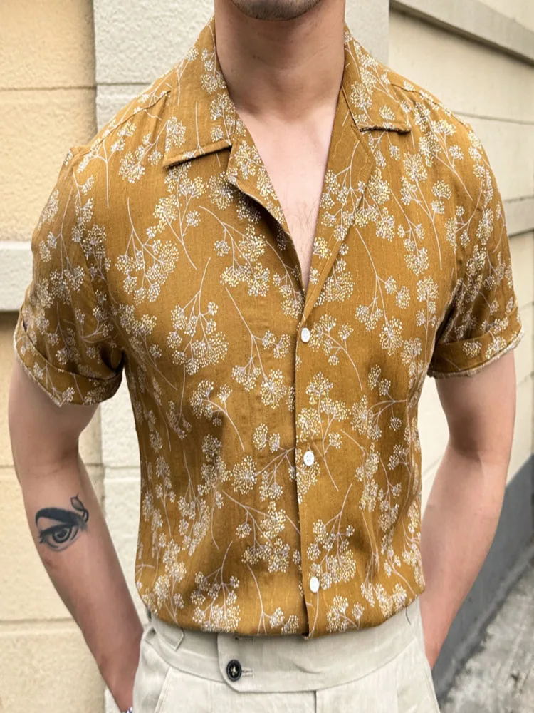 Summer Thin Breathable Men Shirt Cuban Collar Short Sleeved Floral Vacation Beach Hawaiian Camisa Fashion Masculina