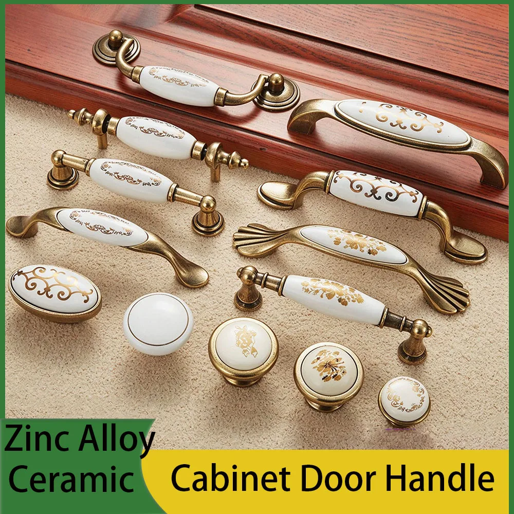 Zinc Alloy Antique Ceramics Golden Flower Pulls Drawer Wardrobe Door Single & Double Hole  Handle European Furniture Hardware