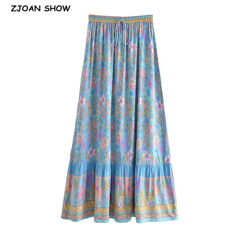 BOHO Blue With Pink Small Flower Print Long Skirt Spliced Ruched Ruffle Hem Women Ball Tassel Bow Waist Swing Skirt Holiday