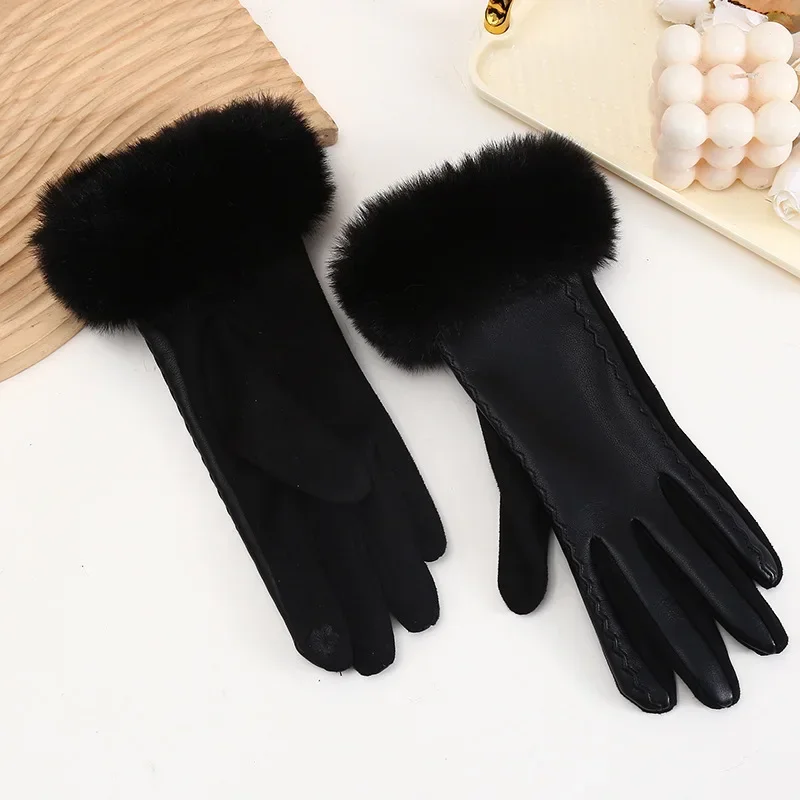 Luxury Women's PU Leather Gloves for Cold Weather Winter Warm Gloves with Soft Faux Fur Trim Cuff Thermal Lining Party Gloves