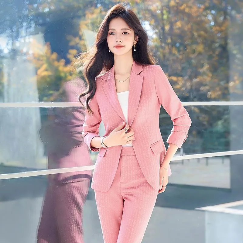 

Insozkdg Pink Apricot Office Ladies Pant Suit Solid Formal 2 Piece Set Women Business Work Wear Slim Jacket Blazer+ Trouser Sets