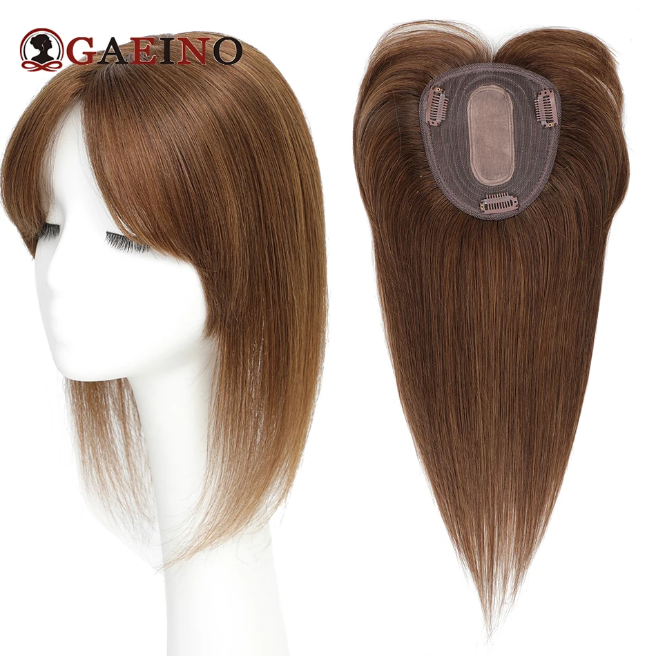 Straight Hair Topper Real Human Hair 4# Chocolate Brown Light Brown Toppers With Bangs Silk Base Clip In Topper For Women