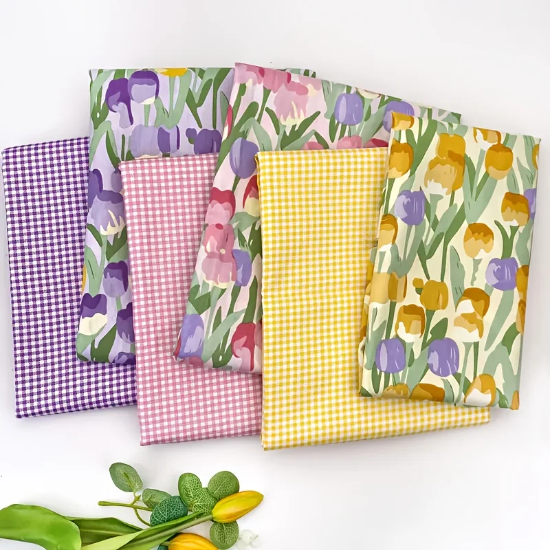 6 piezas de tela a cuadros de tulipán de algodón multicolor |   Precortado para manualidades de funda de almohada acolchada DIY