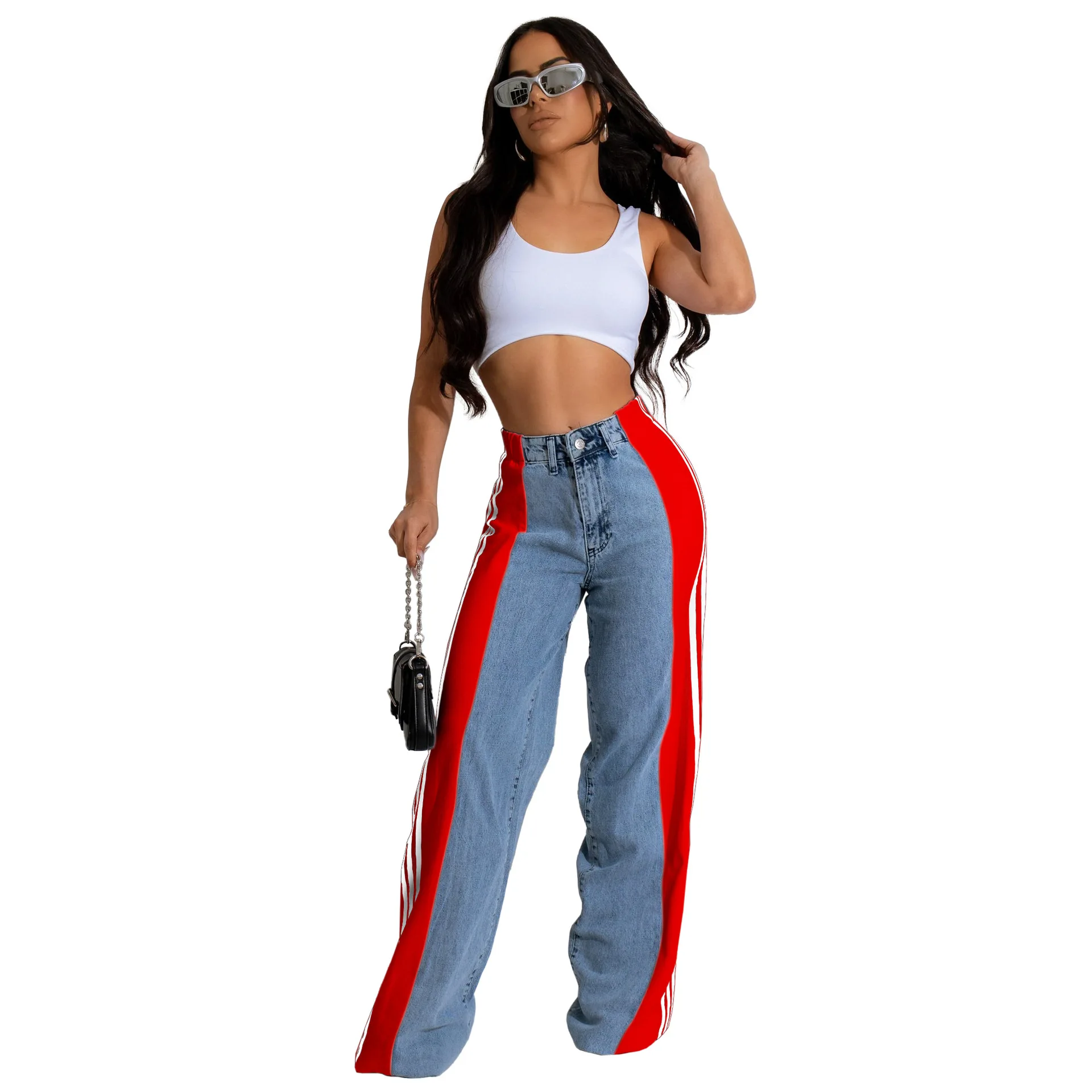 Fashion Patchwork Three Stripesd Wide Leg Denim Pants Women's Clothing New Casual High Waist Elastic Straight Pants