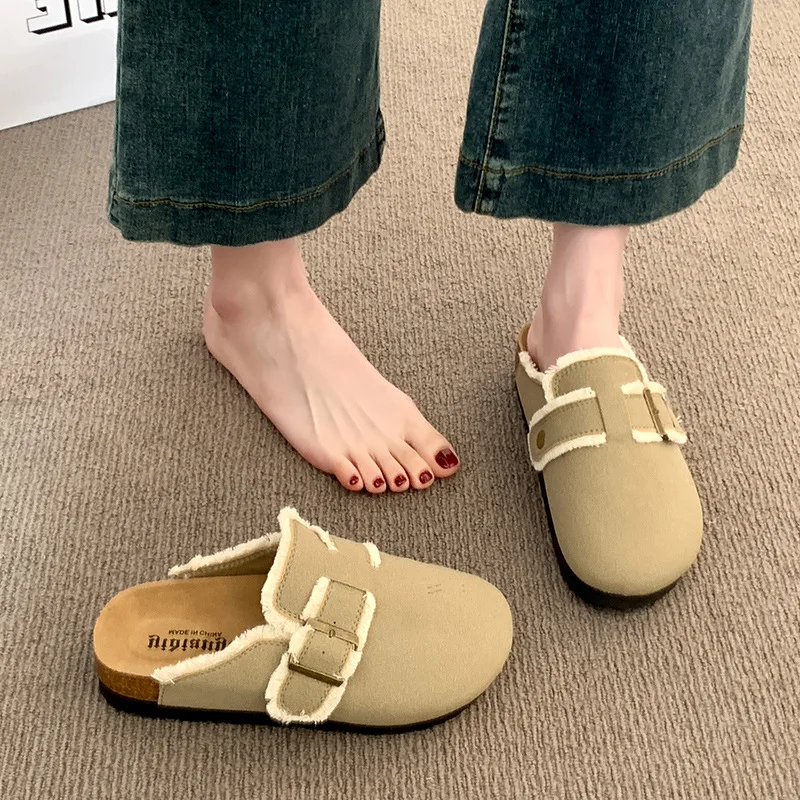 

2025 Women's Baotou Slippers Spring New Fashion Round Head Suede Rivets Metal Buckle Anti-slip Wear-resistant Flat Shoes