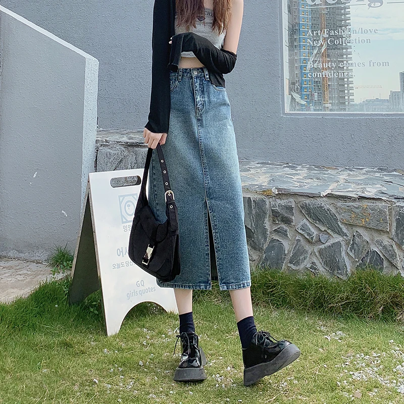 Imagem -03 - Finewords Vintage Rosa Denim Saias Longas Casual Cintura Alta Reta Midi Saias Streetwear Verão Harajuku Split Jeans Saias