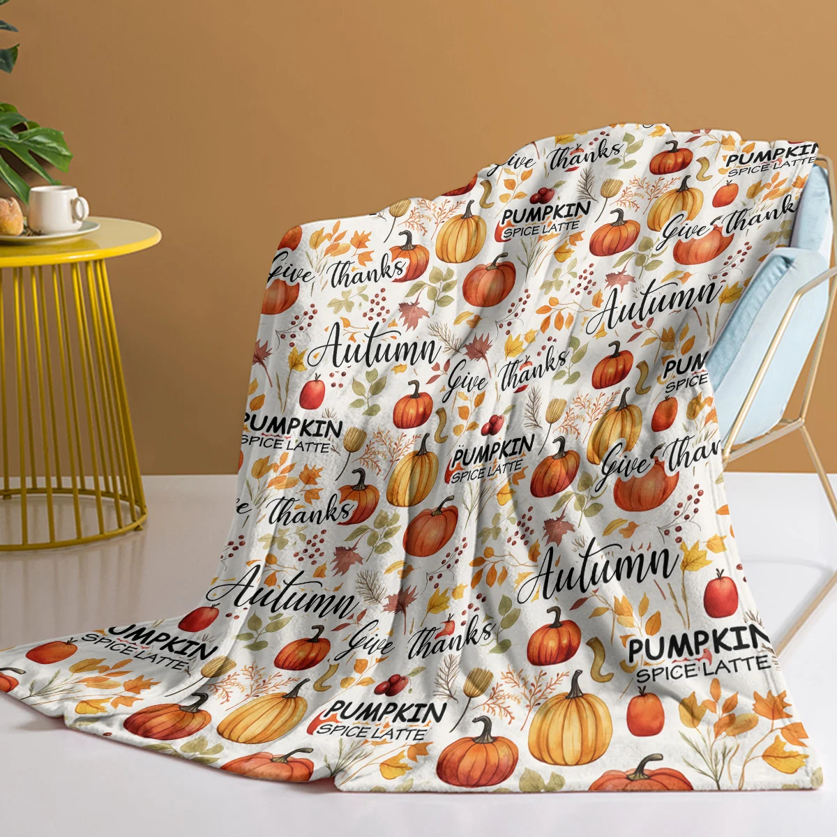 Pumpkin Spice Latte Pattern Throw Blanket Thanks Giving Theme Warm Plush Blankets for Kids Adults Teen for Sofa Couch and Bed