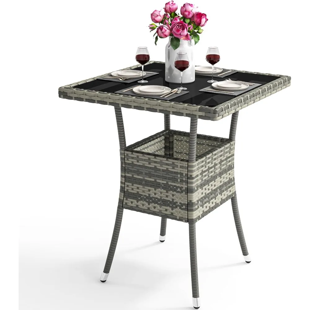 

23.6" Patio Table for 4-Person, Outdoor Patio Wicker Square Dining Table, All-Weather Rattan Bistro Dining Table w/Glass Tablet