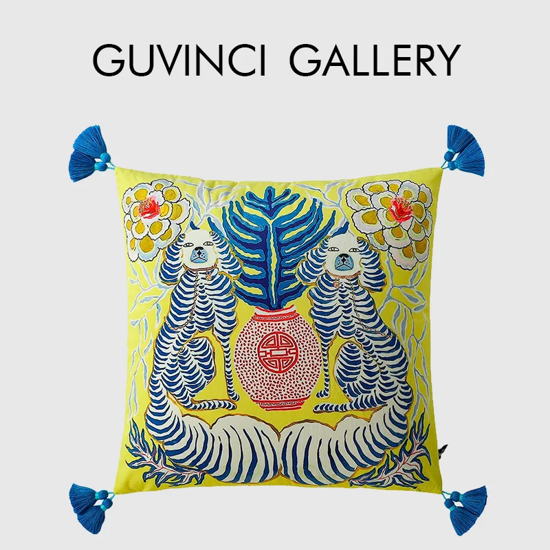 GUVINCI Yellow Lion Dog Mystical Animal Pattern Cushion Covers 45x45cm 50x50cm Tassel Throw Pillowcase Multiple Styles Available