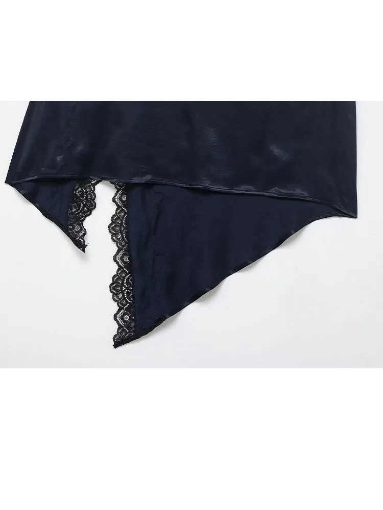 HH Women 2026 Fashion Versatile Personalized Splicing Lace Silk Satin Texture Skirt Female High Waist Sexy Asymmetric Hem Skirt