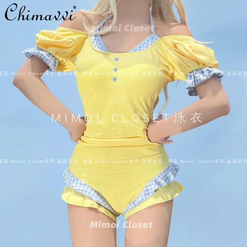 ربيع وصيف جديد النمط الياباني الحلو الليمون الأصفر نفخة الأكمام منقوشة قطعة واحدة الرغبة النقية لطيف فتاة سليم صالح Kawaii ملابس السباحة #3