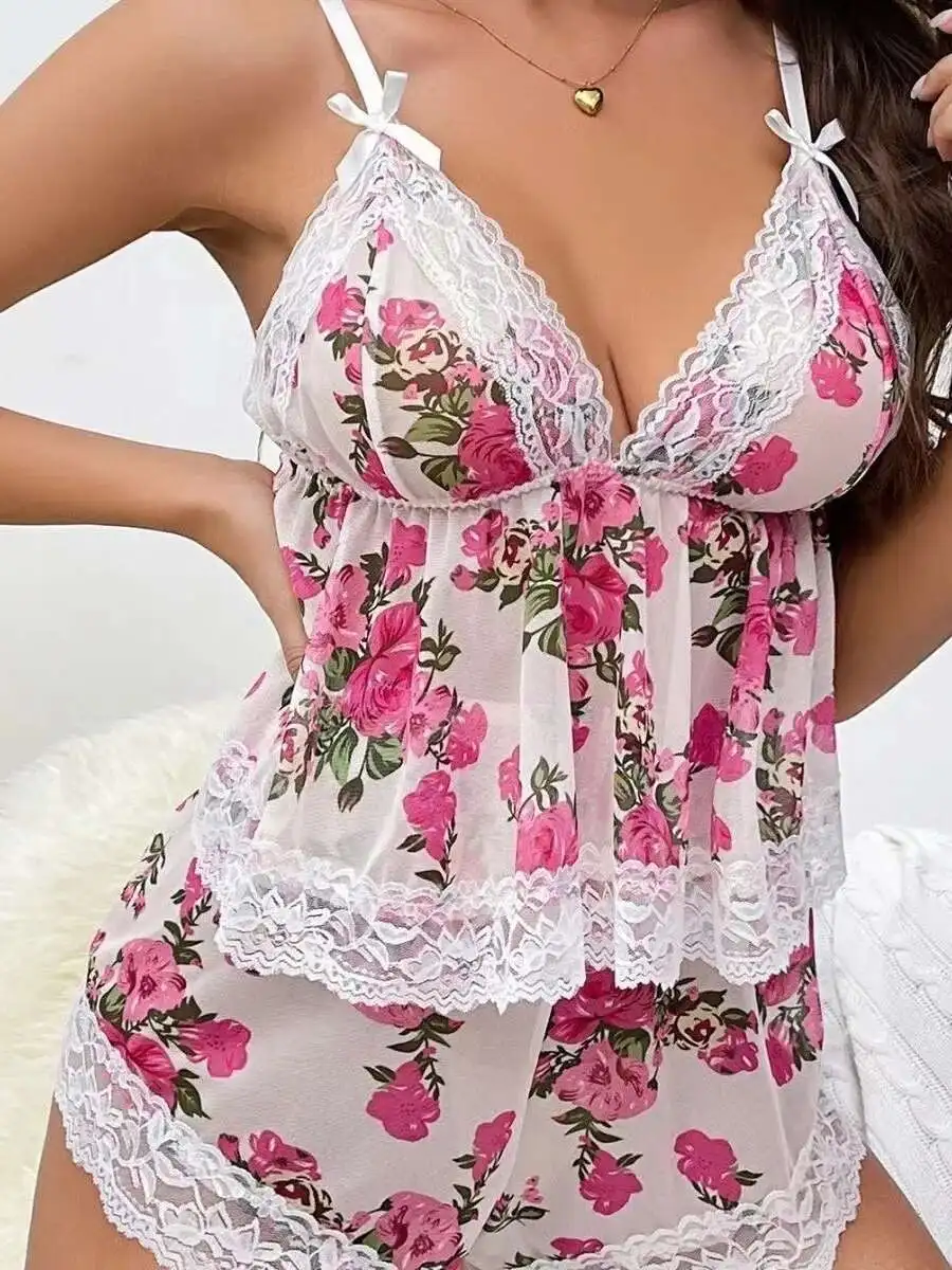 جديد مثير زائد الأزهار الحمالات السراويل أعلى المرأة المنزل دعوى كثيفة زهرة مريحة الترفيه المرأة الحلو قطعتين دعوى XG7A