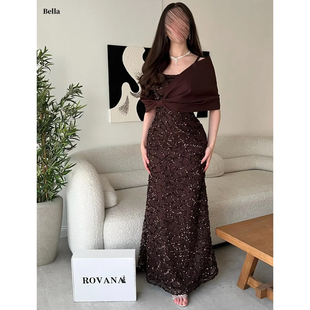 Bella Customized Dark Brown Square Neck Prom Dress Sequin Embellished Bow Shoulder Cape robes de soirée Slim-Fit Mermaid 2025