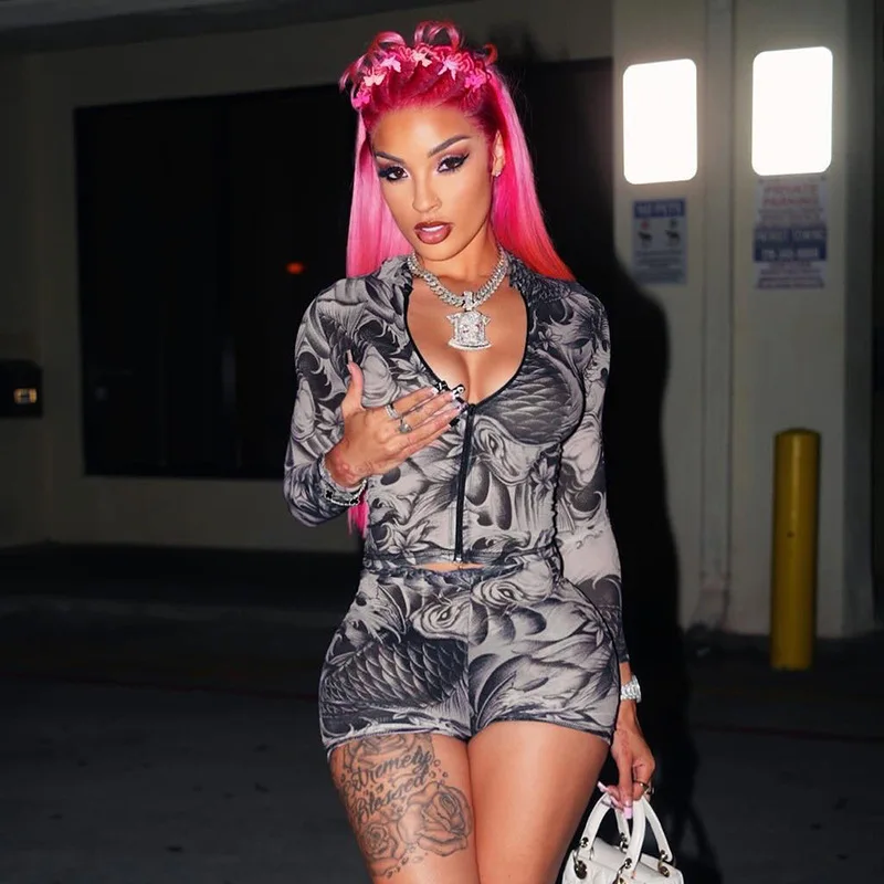 STYLISH LADY Stampato Harajuku Set da 2 pezzi Donna Manica lunga Cerniera Crop Top e pantaloncini Abiti 2025 Estate Sexy Club Street Outfit