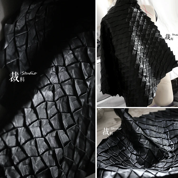 

Black Leather Three-Dimensional Texture Fabric Autumn and Winter Fish Scale Transformation Original Designer Fashion Fabric