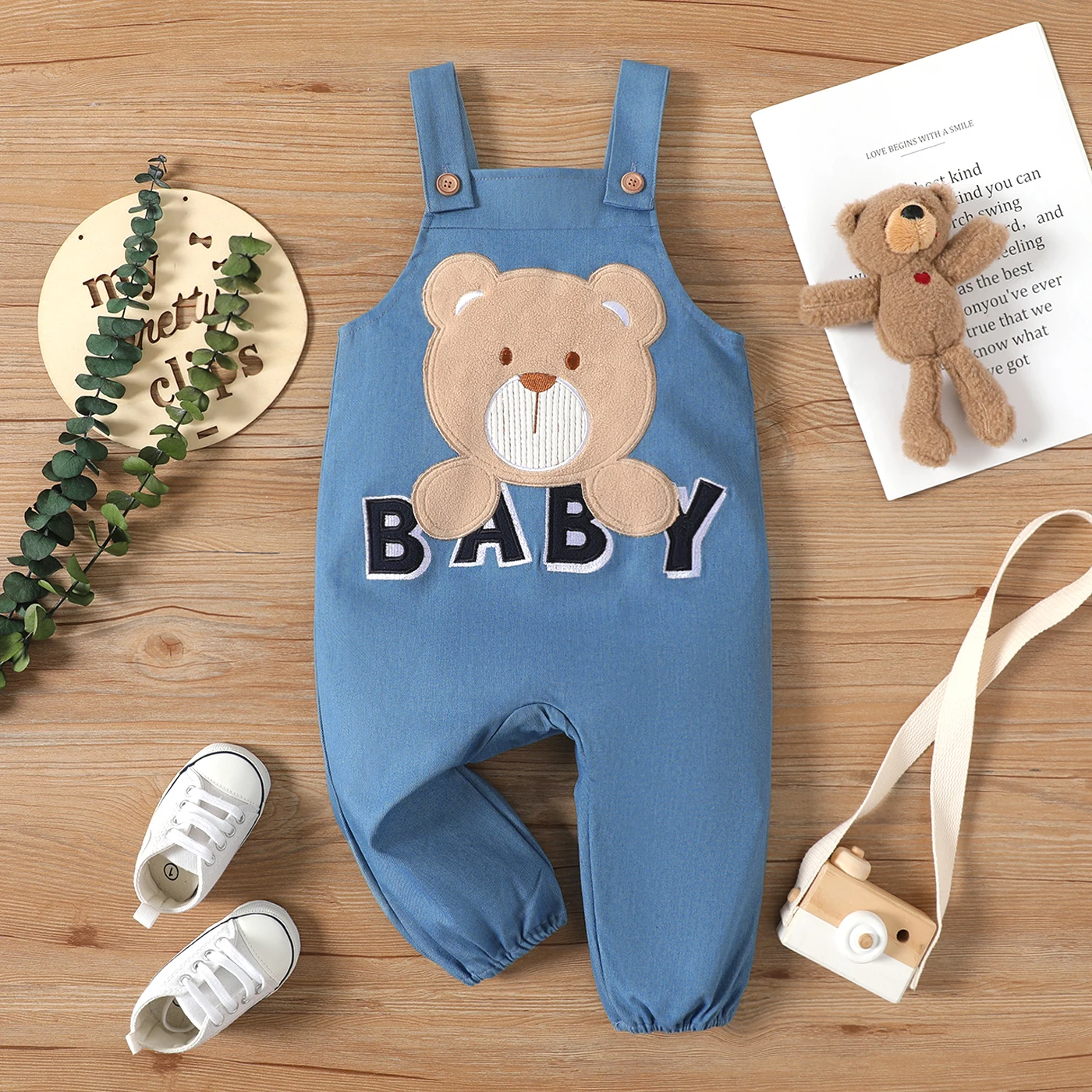 PatPat Baby Boy/Girl Bear & Letter Embroidered Overalls