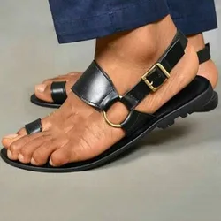 Sandalen für Herren, Vintage-Zehenring, PU-Leder, flache Schuhe für Herren, bequeme Reise-Strand-Hausschuhe, 2022, Sommer, römisch, große Größe 38–48