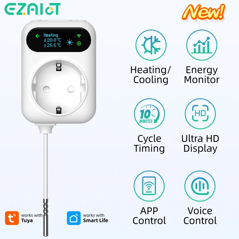

Smart Plug Thermostat WiFi Tuya Heating Cooling Temperature Controller Socket Timer Switch with Energy Power Monitoring Meter