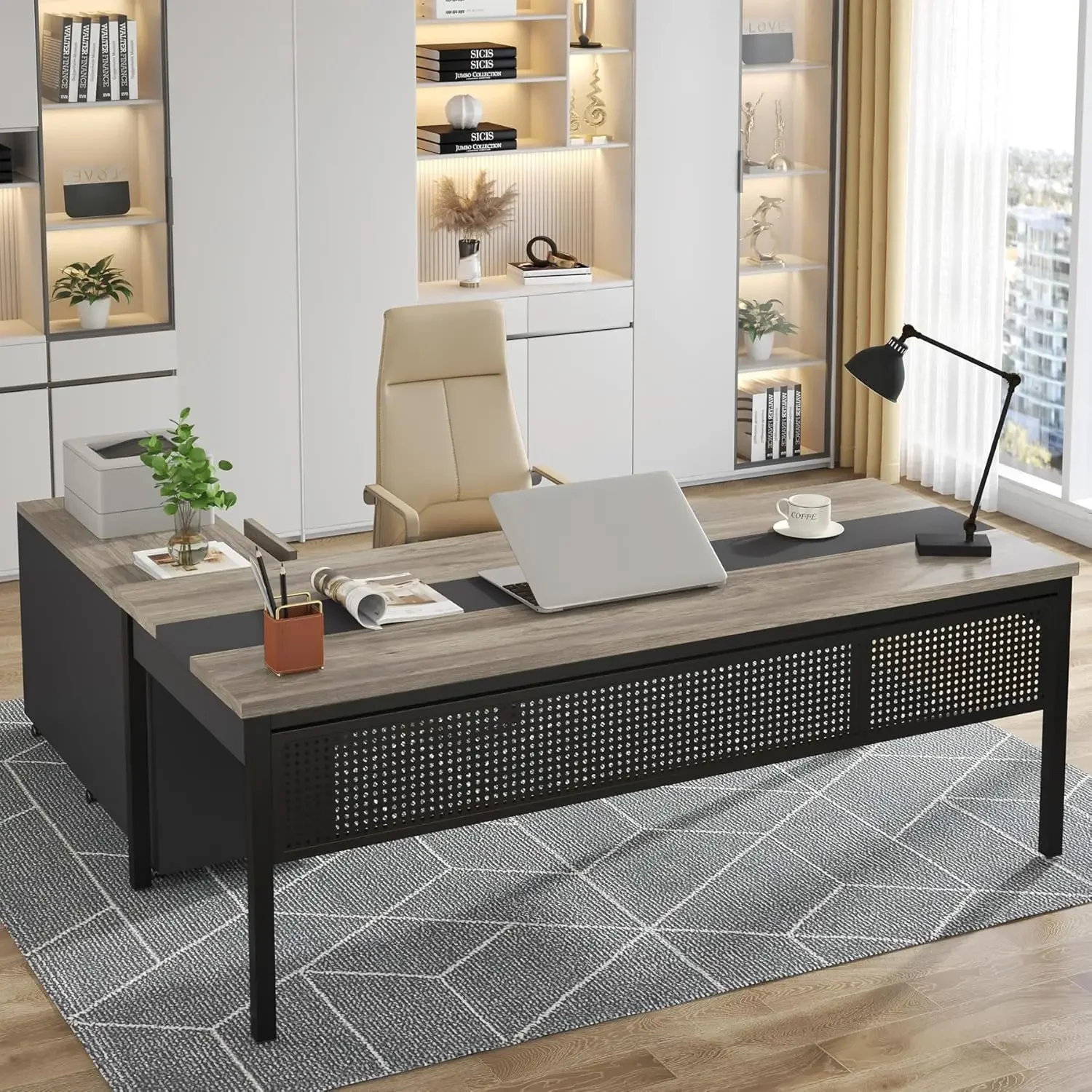 70.8" Large Executive Office Desk and 47" Lateral File Cabinet Combo, L-Shaped Computer Desk Business Furniture with Drawers