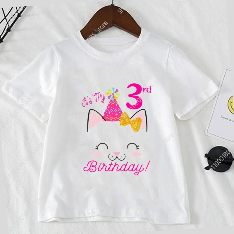 

Girl Cat Birthday Number 1-9 Print T-shirt It's My Birthday T-shirts Girls Party T shirts Animal Theme Clothing Top