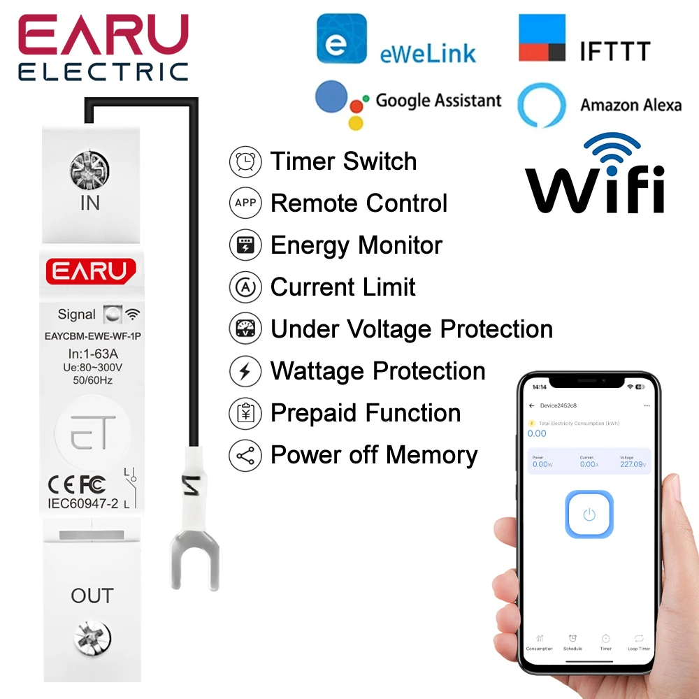 eWeLink WiFi MCB Smart Circuit Breaker 1P 63A Switch Energy Meter Timer Relay kWh Voltage Current Protector Voice Remote Control