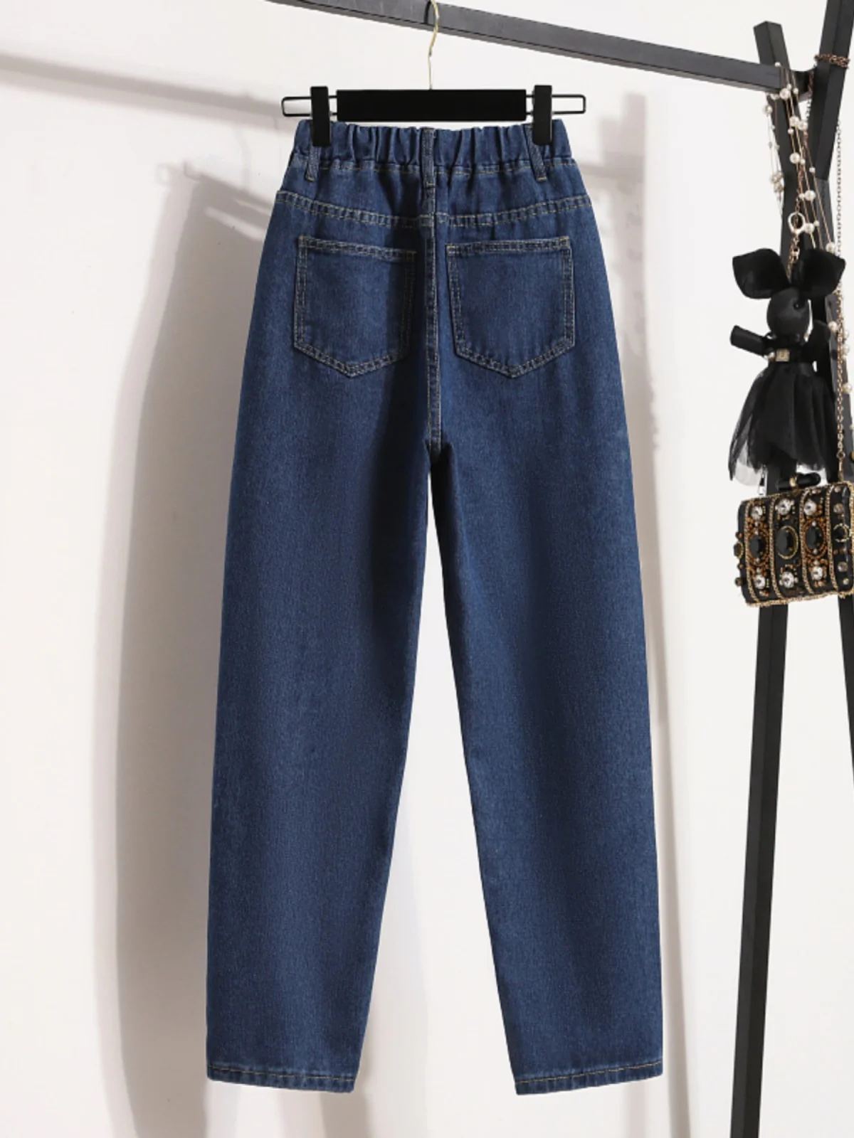 Celana Jeans Harem Kaki Lebar Pinggang Tinggi Celana Denim Pinggang Elastis Pakaian Ukuran Besar Wanita Faion Musim Gugur Penutup Pinggul Pelangsing