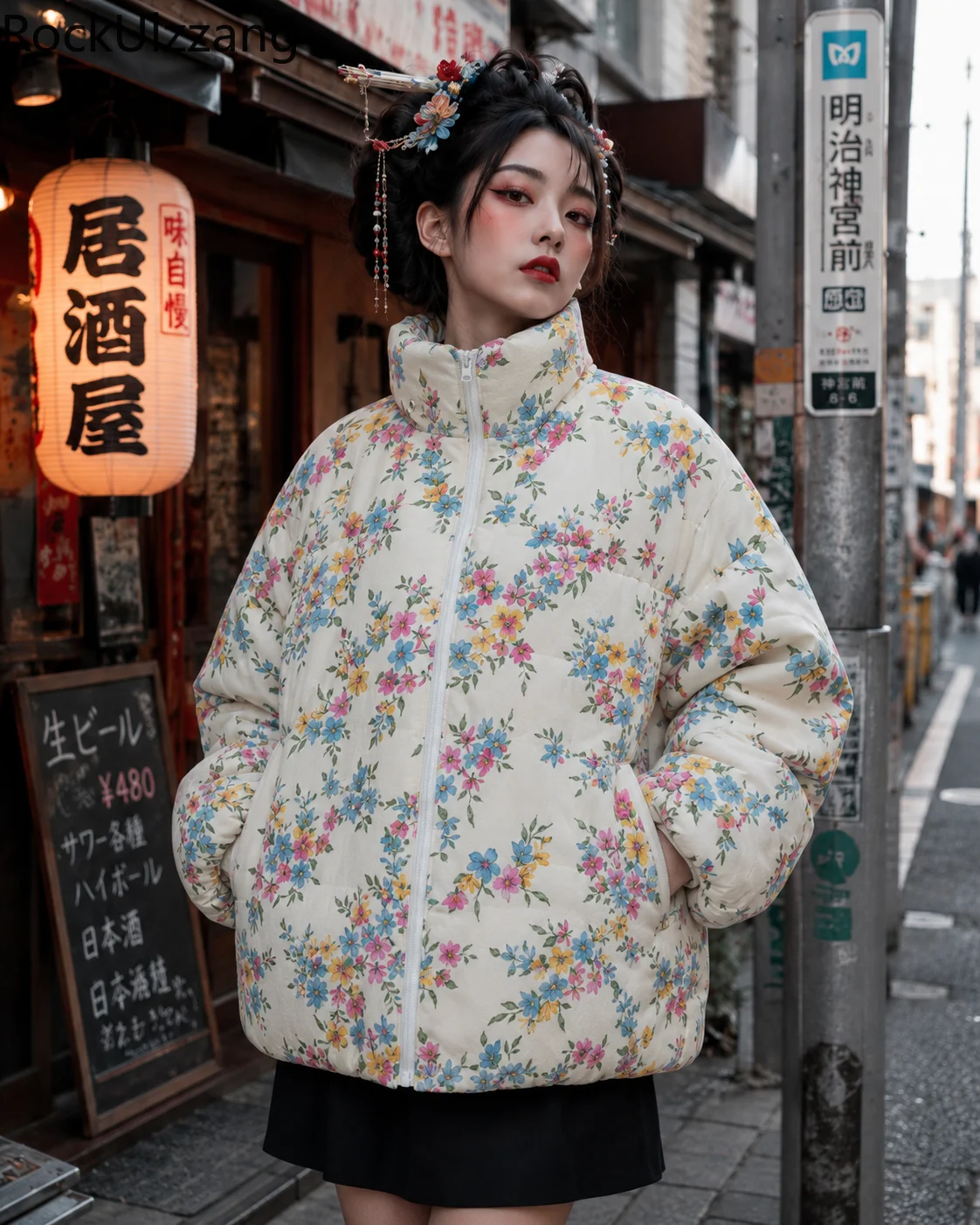 Puffer Jacket Women Down - Jesienno-zimowa kurtka puchowa z kwiatowym nadrukiem