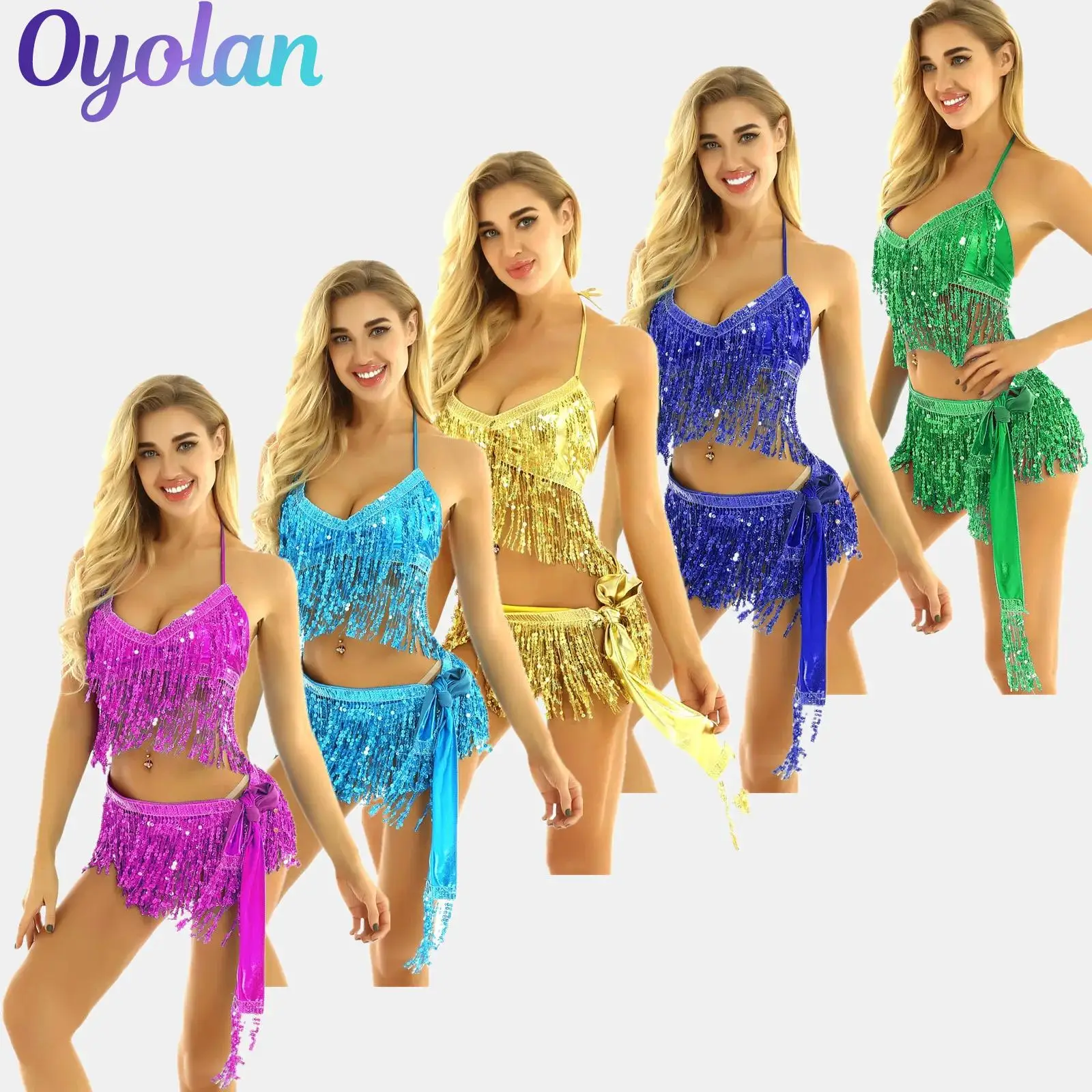 

2Pcs Womens Shiny Sequin Tassels Indian Belly Latin Dance Performance Costume Back Tie Up Bra Top with Hip Scarf Wrap Skirts