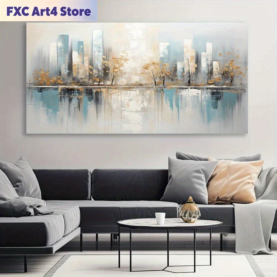 Toile abstraite moderne sans cadre - Peinture murale géométrique d'arbre sans cadre, décoration minimaliste bleue et dorée pour salon, B