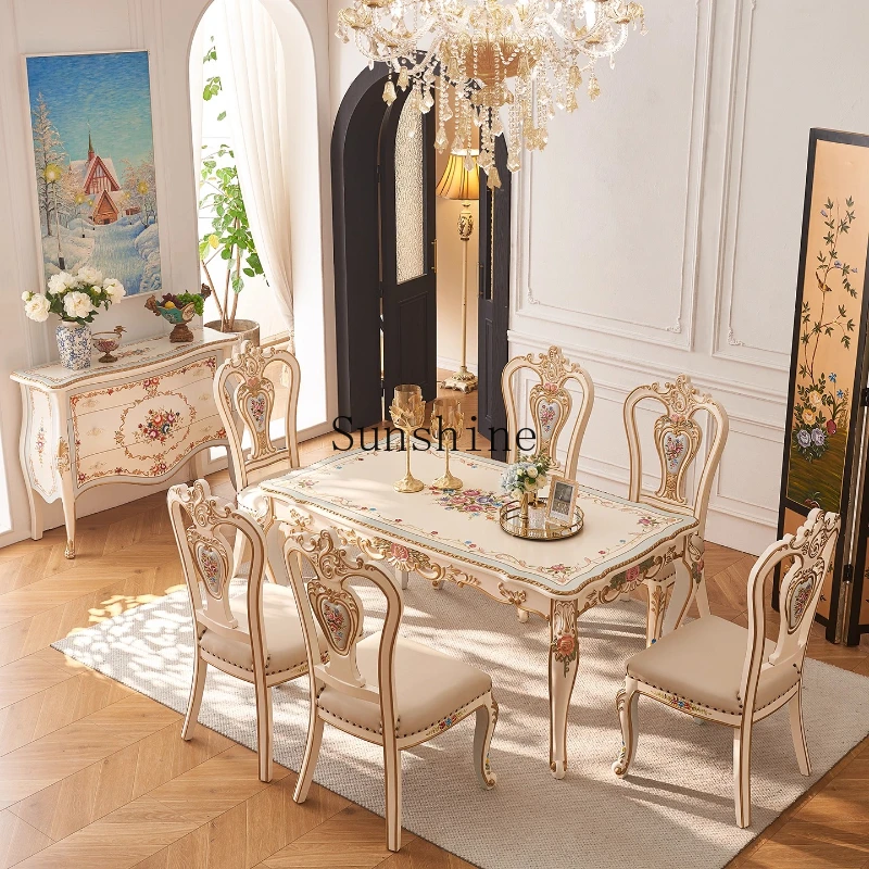 

French palace all solid wood carving hand-painted flowers beige villa dining table and chair combination