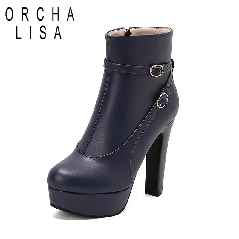 

ORCHA LISA 2025 Sexy Female Ankle Boots Round Toe Block Heels 12cm Platform 3.5cm Zipper Belt Buckles Big Size 49 50 Dating Bota