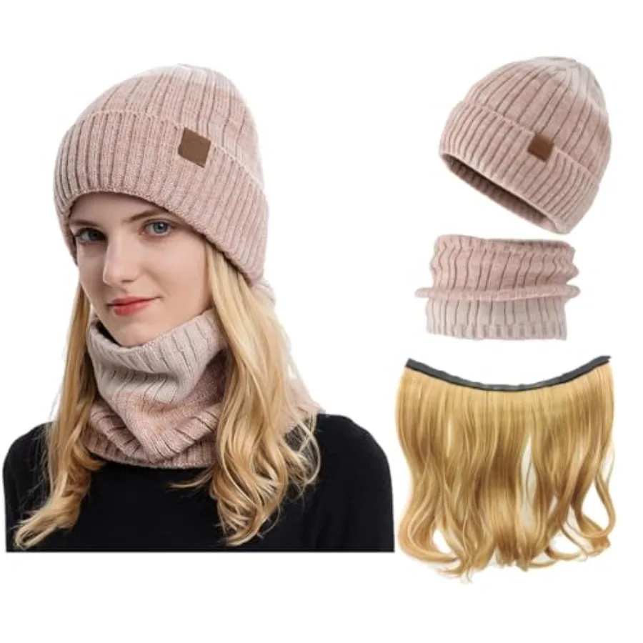 Gorros de invierno, sombreros, pelucas con pañuelo y pelo adjuntos para mujeres, gorros de punto cálidos con extensiones de cabello rubio, perfectos para