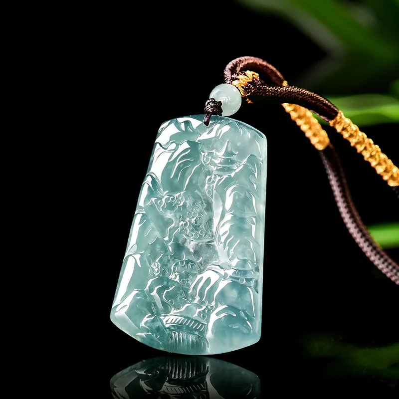 

TIMESWIND Women Natural A-type Jade Light Green Landscape Carved Necklace with Certificate