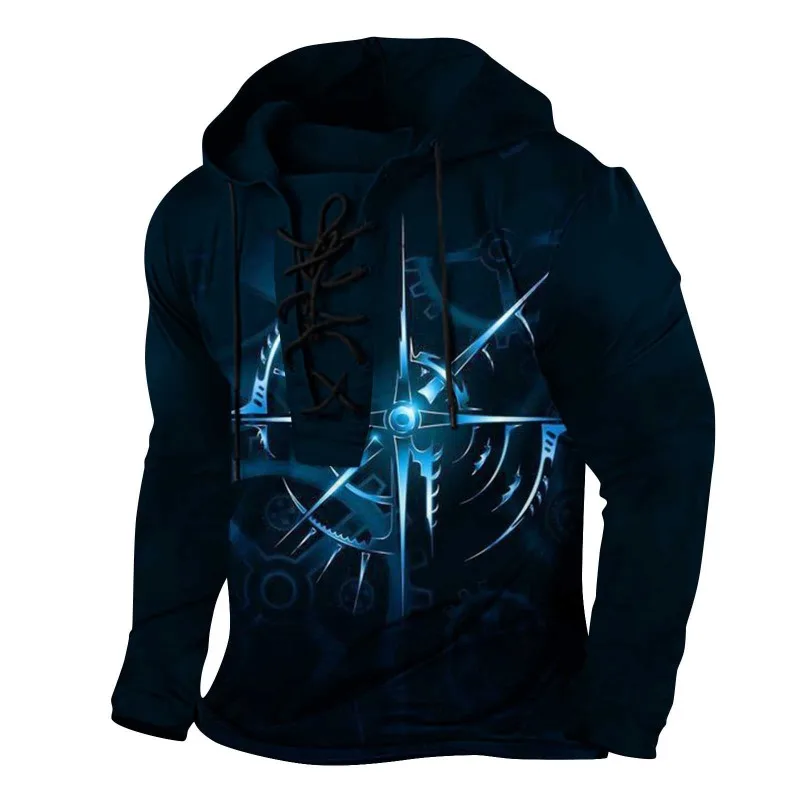 Men's Cyber Compass Graphic Hoodie Lace-Up Front Long Sleeve Pullover Sweatshirt