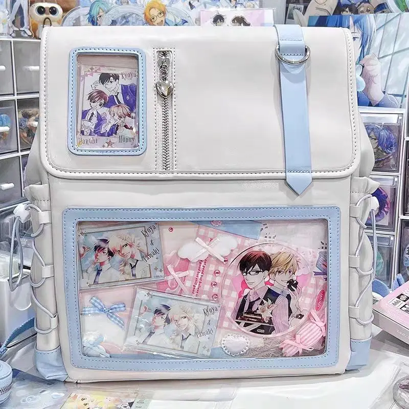 Синий рюкзак Y2K Itabag с рисунком Kawaii, сращивание из искусственной кожи, можно в комплекте, сумка через плечо, большая вместительная сумка, водонепроницаемая сумка для хранения