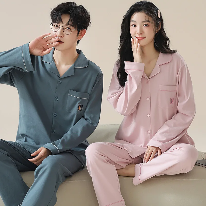 Solid Color Cotton Couple Pajamas Sets for Women Men Sleepwear Comfortable Homewear Autumn Spring Cardigan Loungewear Pijamas