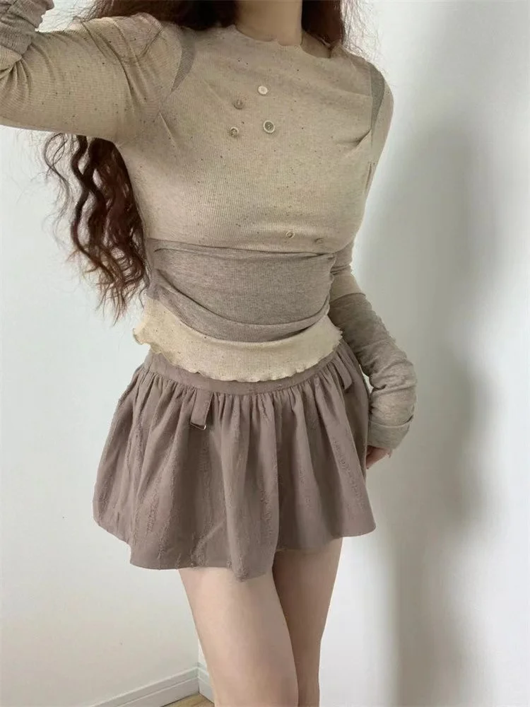 Y2k 2000s Sweet Skirt 2Piece Sets Women Korean Fashion Harajuku Long Sleeve Top+A-line Mini Skirts Suits Vintage Spring Outifits