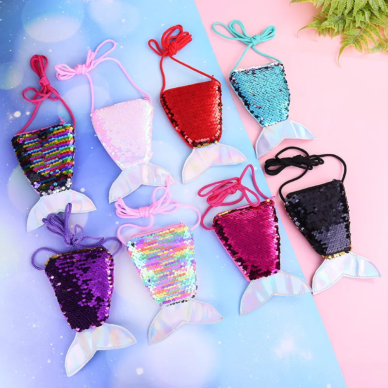 

Womens Mermaid Tail Skew Straddle Creative Children's Single Shoulder Sequin Small Satchel Bag Simple Pink Color Purse Wholesale