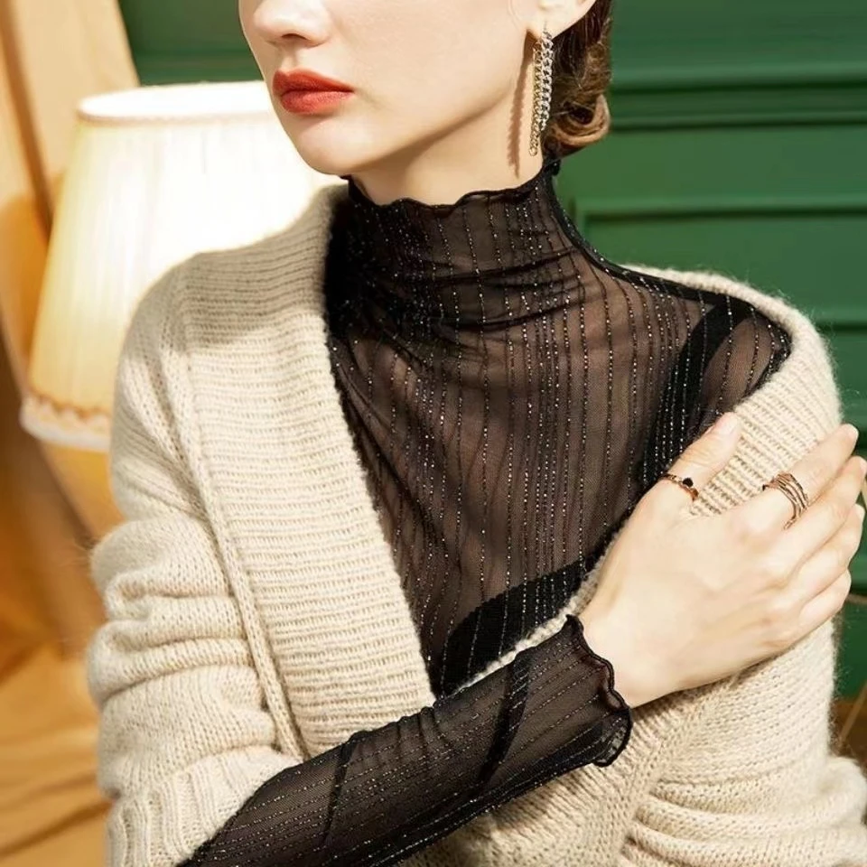 Sexy Silk Bright High Neck Mesh Shirts Women Thin Long Sleeve Solid Lace Base Tees Spring Summer Slightly Transparent Tops