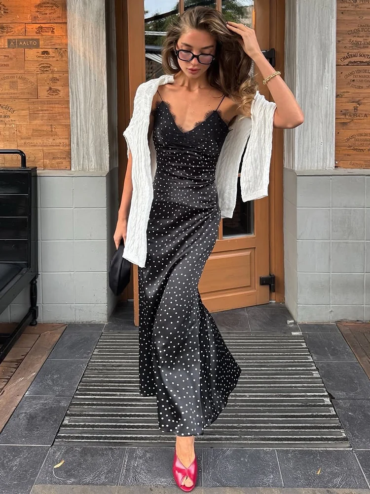 

Trendix Dot Print Elegant Camisole Dress For Women V Neck Lace Slim High Waist Maxi Dresses Holiday Party Backless Evening Dress