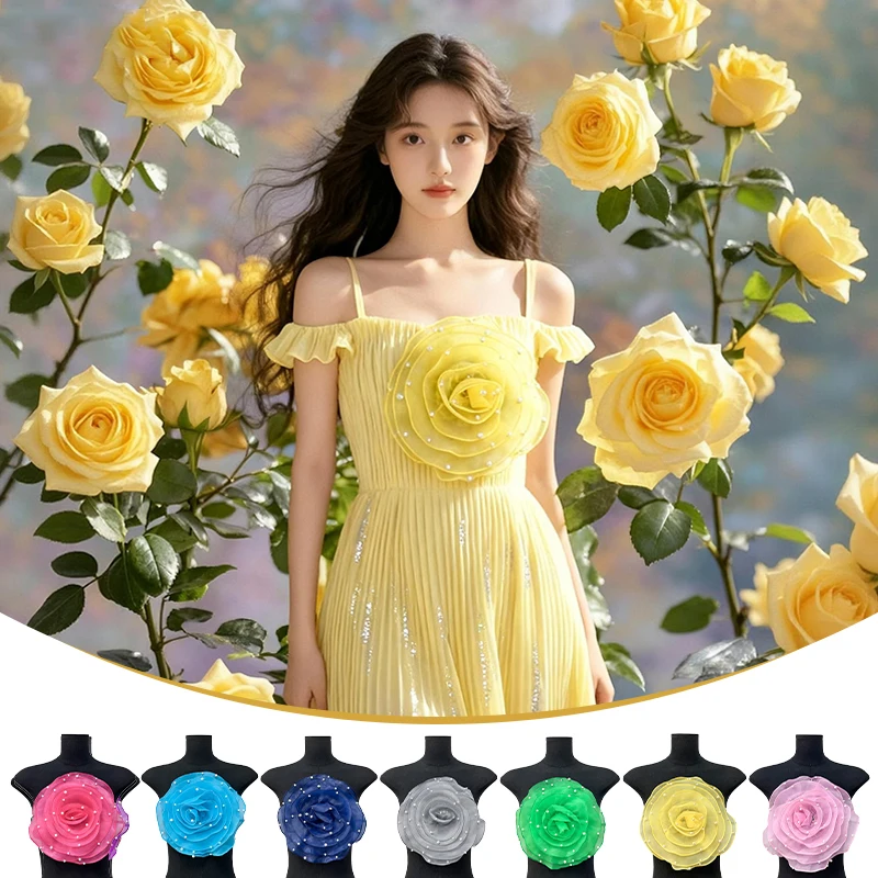 

3D Organza Flower Applique with Pearls Handmade Rose Patch Clothing Dress Neck Decoration Artificial Corsage Accessories