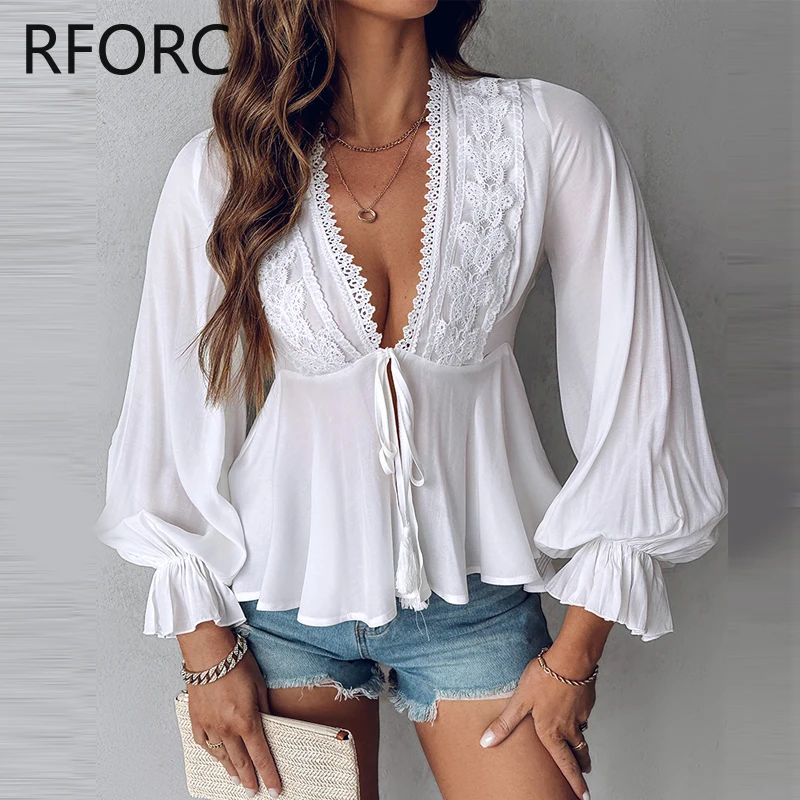 2024  Women Solid Long Sleeves Lace Patchwork Lace Up Sexy V Neck White Blouse Tops