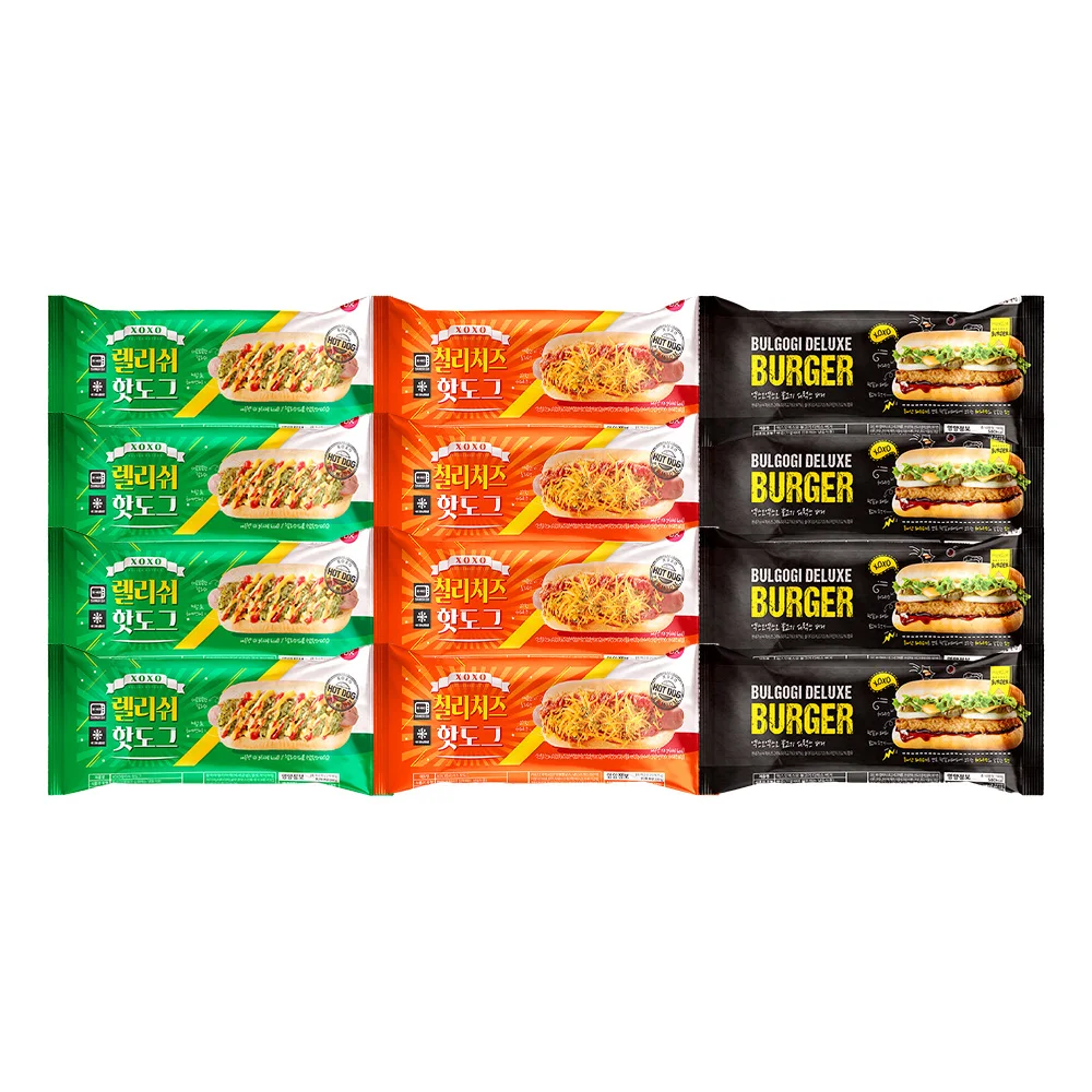 Cj Freshway Xoxo Relish Hot Dog 160g X 4 + Chili Cheese Hot Dog 150g X 4 + Deluxe Burger 180g X 4
