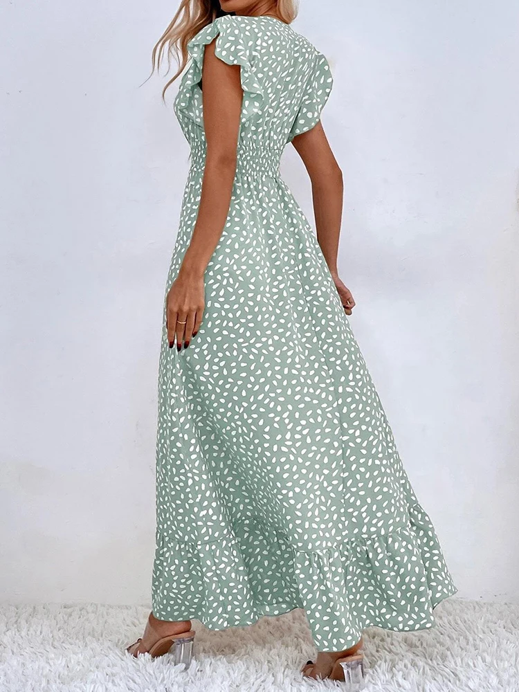 Vestido informal de lunares para mujer, Vestido largo de gasa sin mangas con cuello de pico y cintura alta