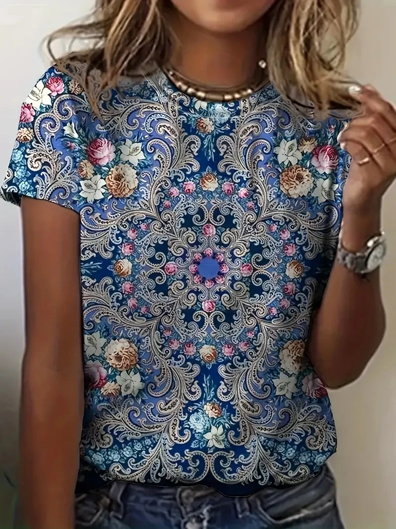 

Женская футболка с короткими рукавами и 3D-принтом размера PLUS, модный ретро-узор в этническом стиле, удобные и дышащие большие размеры