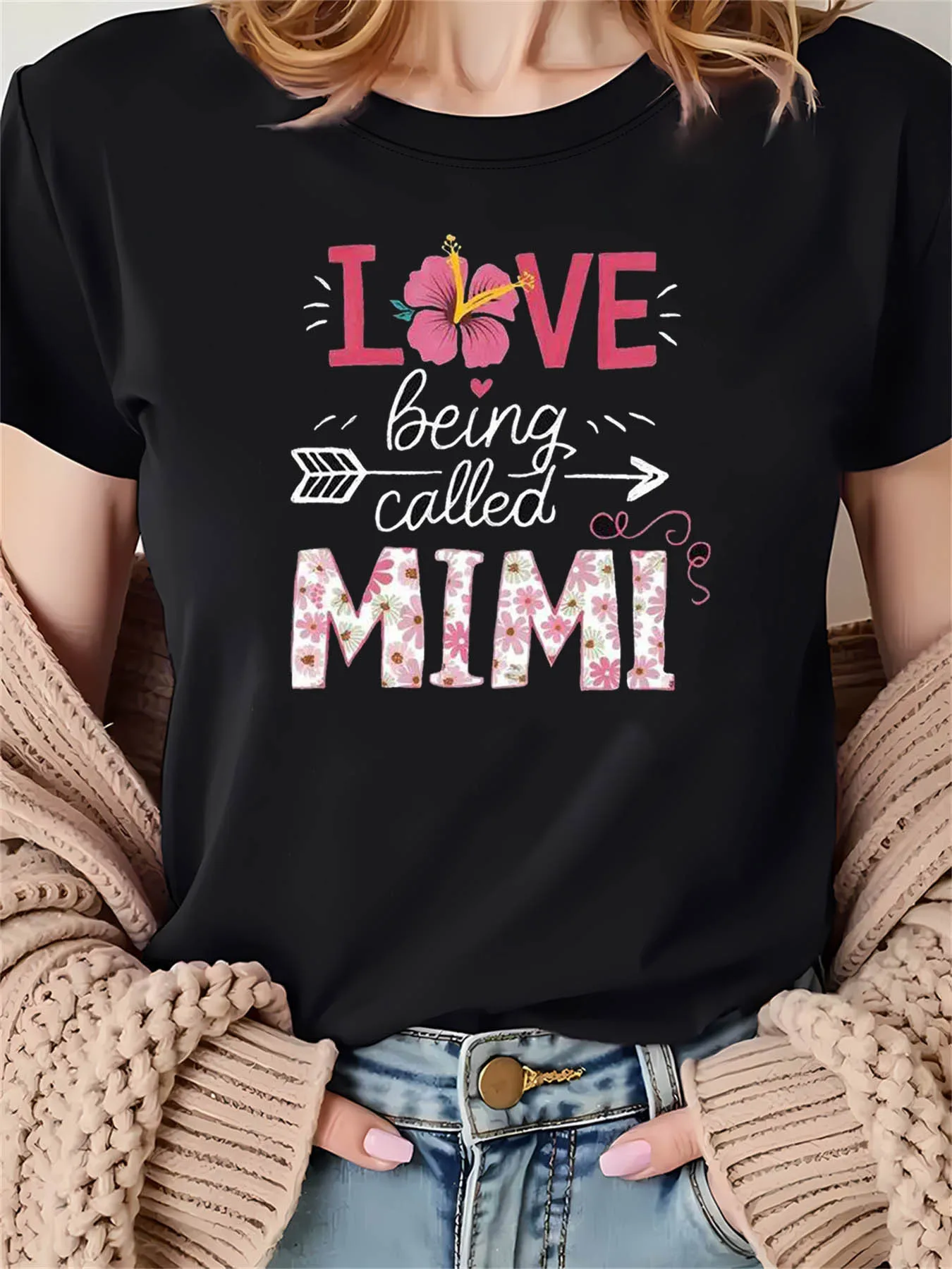 I Love Being Called Mimi Hibiscus Flower Graphic Print T-Shirt for Women Short Sleeve Crew Neck Casual Summer Tee