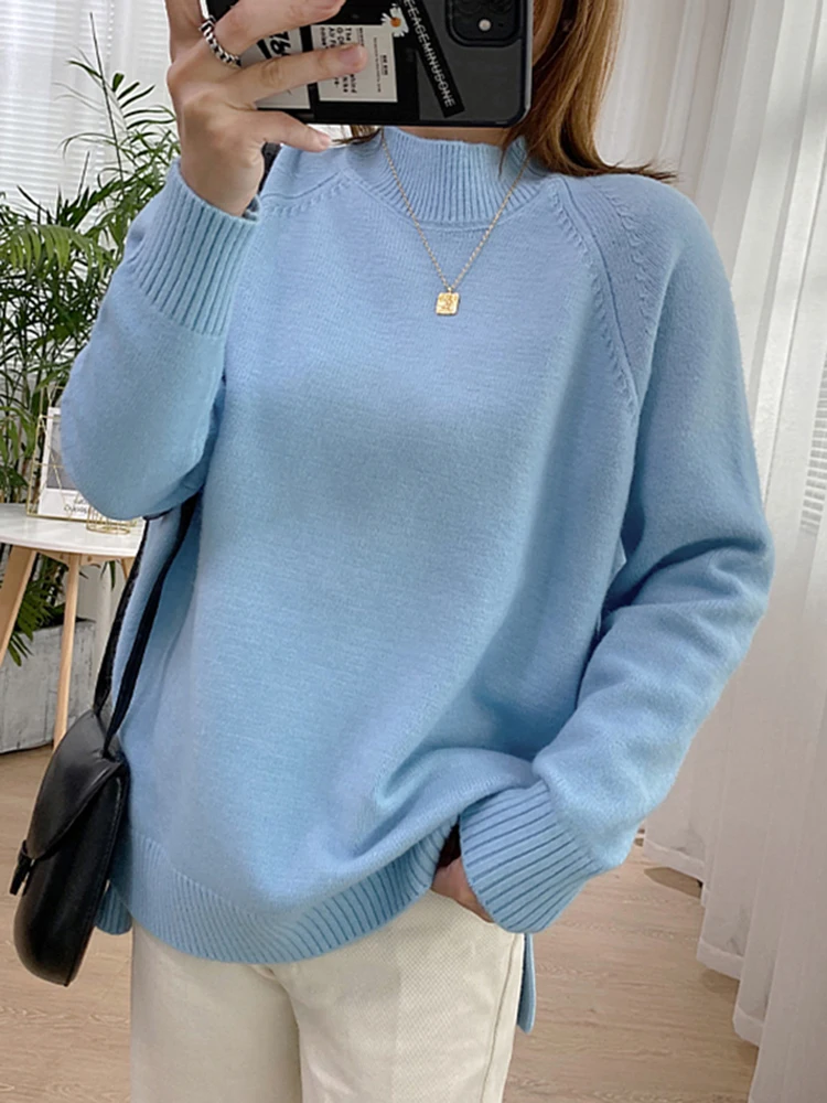 Women Mock Neck Pullovers Sweater High Quality Oversized Jumper Split Fall Winter Clothes Beige Purple Green 8 Colors  C-114