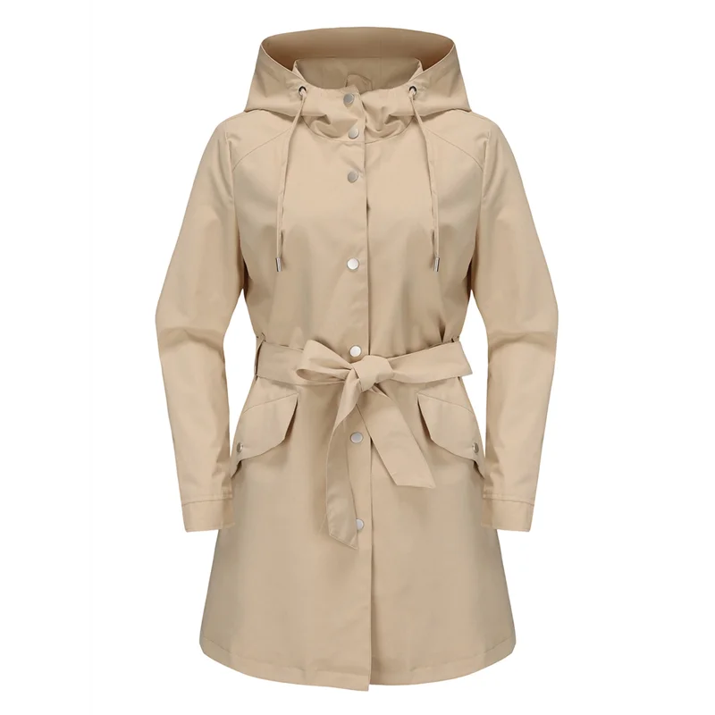 

Women Hooded Classic Tie Belt Drawstring Outdoor Activity Waterproof Rain Coat Windbreaker