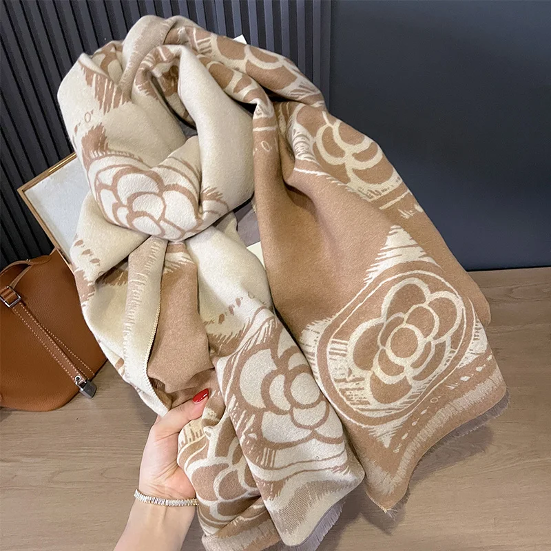 New Luxury Winter Camellia Two-Sided Cashmere Jacquard Scarves High Quality Women Thicken Wrap Shawl Ladies Wool Pashmina Scarf